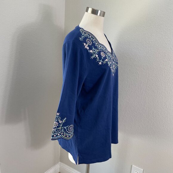 Quacker Factory Womens Plus 1X Embroidered 3/4 Sleeve Blue Top Shirt - Picture 7 of 11